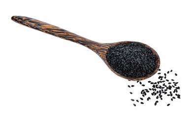 sesame seed in wood spoon isolated on white background