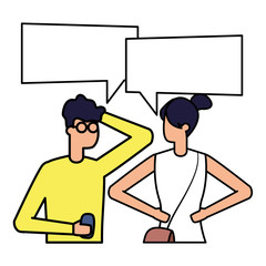 man with smartphone and woman talk bubble