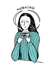 Hand drawn brunette girl in sweater with cup of coffee. Doodle vector illustration isolated on white background. 