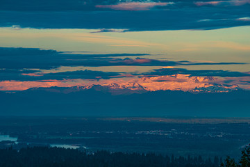 Spectacular evening sunset over Mount Baker, Washington, seen from UniverCity on Burnaby Mountain, BC