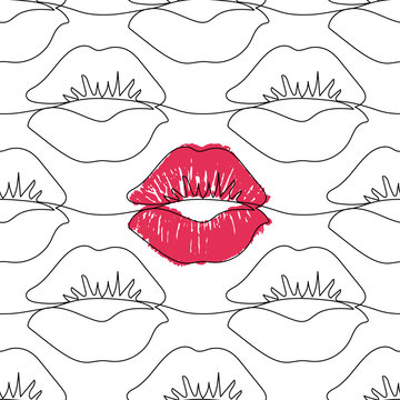 Seamless pattern with one line lips isolated on white. Female red lipstick kiss background. Contrast concept.
