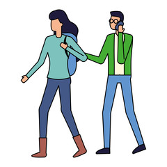 man using smartphone and woman with bag