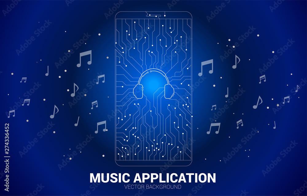 Poster Vector headphone dot connect line circuit board style mobile phone icon. Concept for streaming music application mobile phone technology.