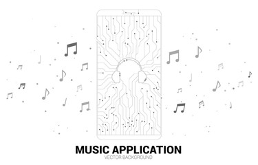 Vector headphone dot connect line circuit board style mobile phone icon. Concept for streaming music application mobile phone technology.