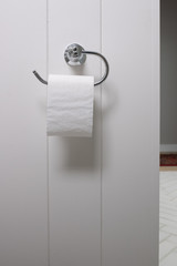 White toilet tissue against a white timber wall