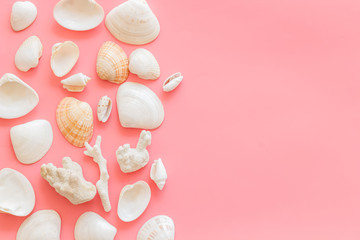 Seaside pattern with shells on pink background top view mock up
