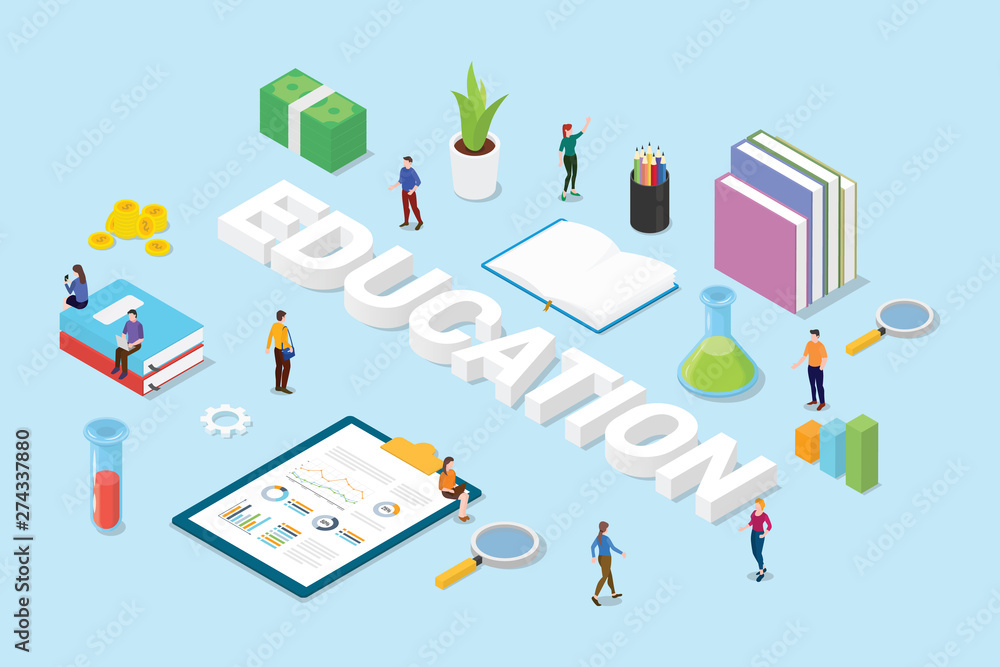 Poster education concept with big words text and team people books and science object sign icon with isomet