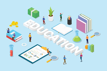 education concept with big words text and team people books and science object sign icon with isometric flat style - vector