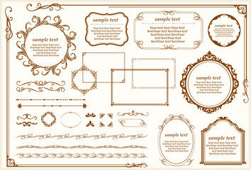 Ornate vintage design elements with calligraphy swirls, swashes, ornate motifs and scrolls. Frames and banners.