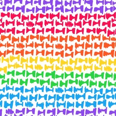 Abstract geometric seamless repeat pattern with hand-drawn anvil shapes in colorful rainbow stripes