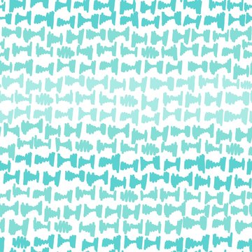 Abstract geometric seamless repeat pattern with hand-drawn anvil shapes in aqua ombre stripes
