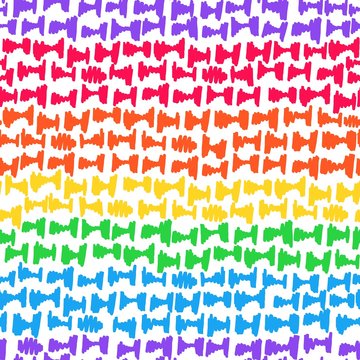 Abstract geometric seamless repeat pattern with hand-drawn anvil shapes in colorful rainbow stripes