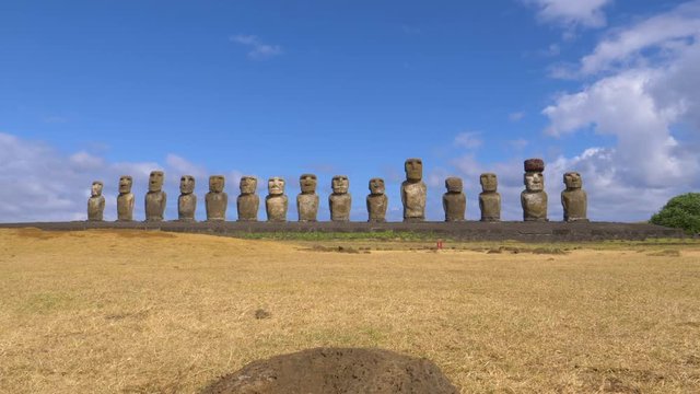 AERIAL: Flying across a dried up meadow and towards monolithic sculptures on picturesque Easter Island. Spectacular drone shot of famous megalithic moais on Rapa Nui under the clear blue sunny sky.