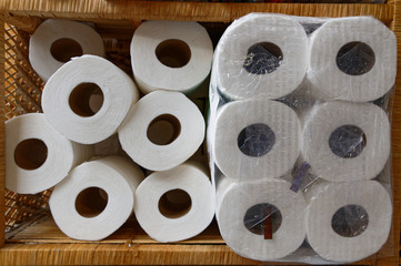 A good supply of toilet rolls stacked up waiting to be used