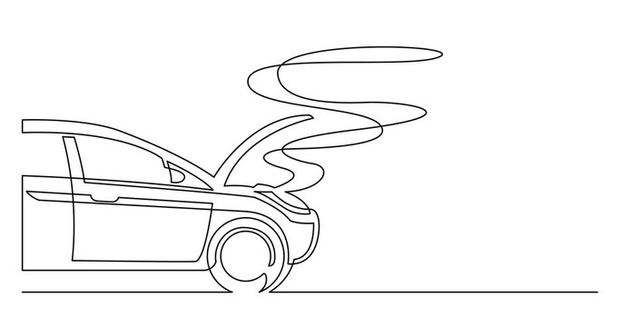 continuous line drawing of broken car with opened hood