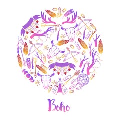 Boho round pattern vector illustration. Dream catcher amulet, scull, plants such as flowers with bohemian leaves, branch, arrows with heart, moon feather, ethnic tribal eyes, tepee.
