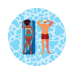 interracial couple with float mattress in water