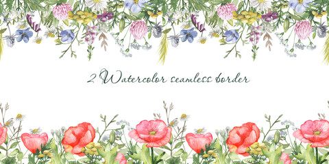 Watercolor seamless border with wildflowers. Texture for wallpaper, packaging, fabric, wedding design, prints, textiles, scrapbooking, birthday, cover design.