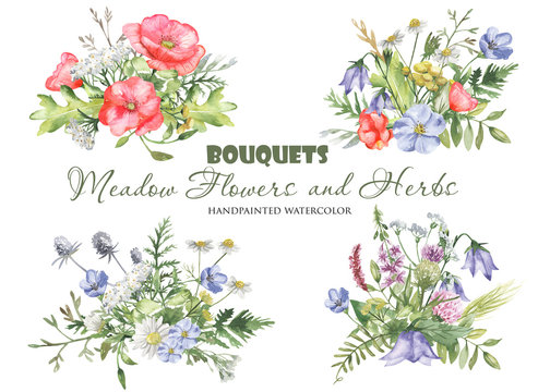 Watercolor bouquets with wildflowers, herbs, plants, meadow flowers. Flower botanical set on a white background. Great for cards, invitations, greeting cards, weddings, quotes, patterns, bouquets, log