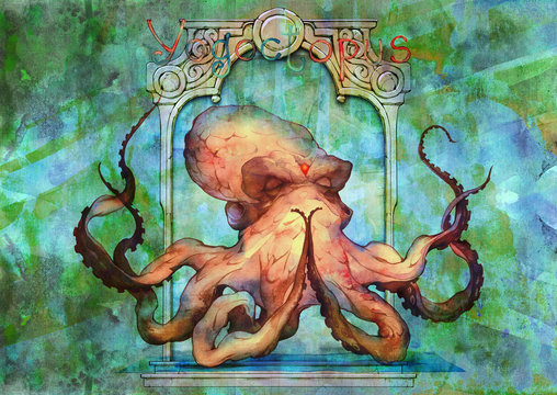Abstract surreal watercolor backdrop with a meditating octopus.  Beautiful painted hand drawn art images for backgrounds and banners