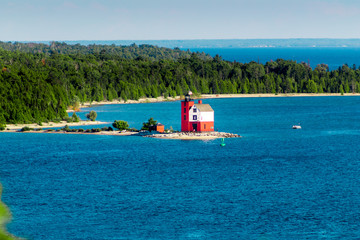 Landscape shot of the original lighthouse of Mackinac Island on a sunny day