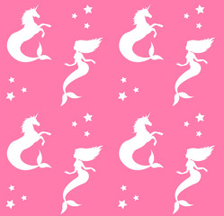 Vector seamless pattern of white silhouette of hippocampus and mermaid isolated on pastel pink background