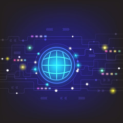 Abstract circuit boards and world figure symbols on a blue background The concept of communication technology that connects the whole world