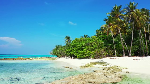 Tropical motu island landscape , Aitutaki lagoon Cook Islands, palm trees and crystal clear water, parallax shot