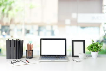 Workspace desk and laptop. copy space and blank screen. Business image, Blank screen laptop and supplies.