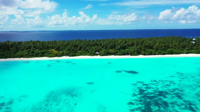 diversity of coconut trees planted along the beach in the northern Philippines with hidden gazebo aerial drone dolly in left shot