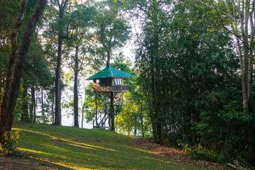Tree house in Thong Pha Phum National Park, Kanchanaburi, the western province of Thailand, near the boarder of Myanmar.  Gate way to wildlife and nature sanctuary. 