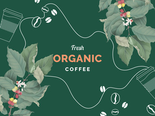 Organic coffee banner template design, branch of coffee tree, coffee cup, coffee beans on green, vintage style