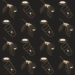 Fototapeten Coffee seamless pattern, coffee and branch of coffee tree golden line art ink drawing on dark brown background, vintage style © momosama