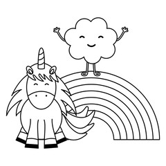 cute unicorn with clouds and rainbow kawaii characters