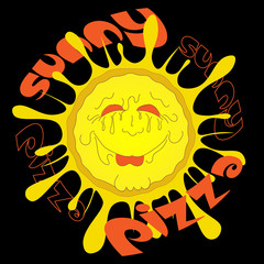 solar pizza logo or sticker on black background with face
