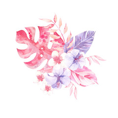 Watercolor tropical composition with flowers and leaves. Lilac and pink colors