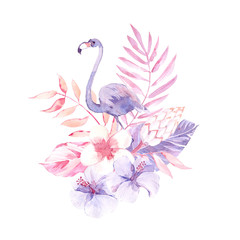 Watercolor tropical composition with flamingo, flowers and leaves. Lilac and pink colors.