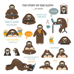 The story of one sloth. At work, study. Funny cartoon sloths in different postures set © a7880ss