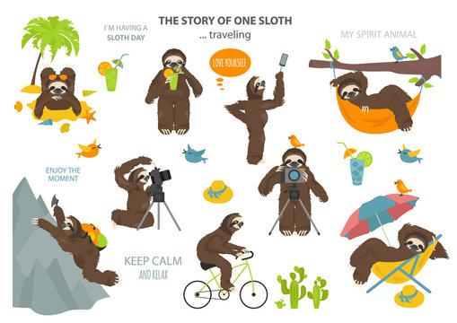 The story of one sloth. Traveling, holiday. Funny cartoon sloths in different postures set