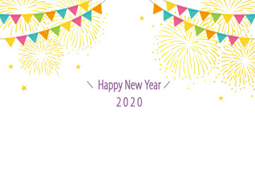 Fototapeta na wymiar New year 2020 background illustration with fireworks and flags