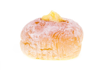 Fresh donuts with jam in the bakery isolated on write background