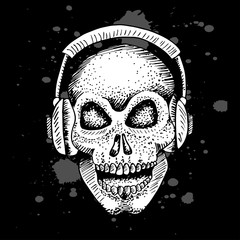Hand drawing skull in headphone.