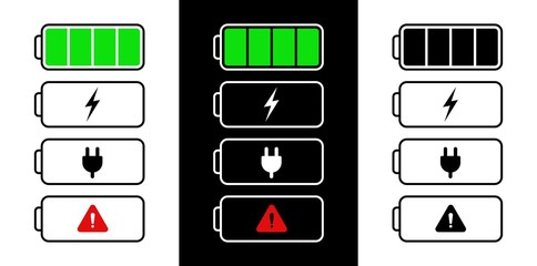 Battery indicator display on three backgrounds. Icon, symbol, sign battery indicator.