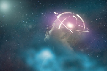 Universe within. Human inside the atom of brain. The concept on scientific and philosophical...