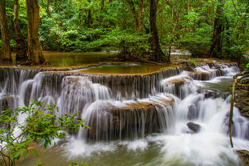 Huai Mae Kamin Waterfall, beautiful in the rain forest in Thailand, Kanchanaburi Province