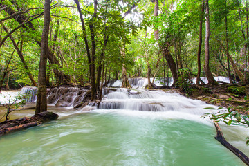 Huai Mae Kamin Waterfall, beautiful in the rain forest in Thailand, Kanchanaburi Province