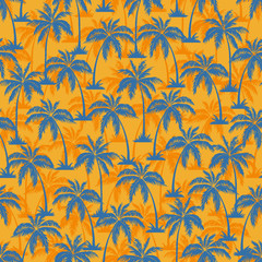 Palm tree seamless pattern. Hawaiian palm trees repeating pattern. Blue  on yellow background. Vector illustration. for print, textile, web, home decor, fashion, surface, graphic design