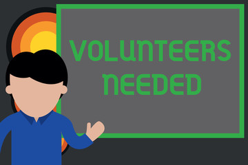 Text sign showing Volunteers Needed. Business photo showcasing need work or help for organization without being paid Young man standing in front whiteboard pointing to project. photo Art