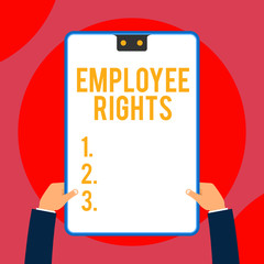 Text sign showing Employee Rights. Business photo text All employees have basic rights in their own workplace Two executive male hands holding electronic device geometrical background