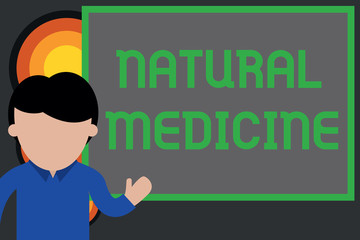 Text sign showing Natural Medicine. Business photo showcasing any of various systems of healing or treating disease Young man standing in front whiteboard pointing to project. photo Art